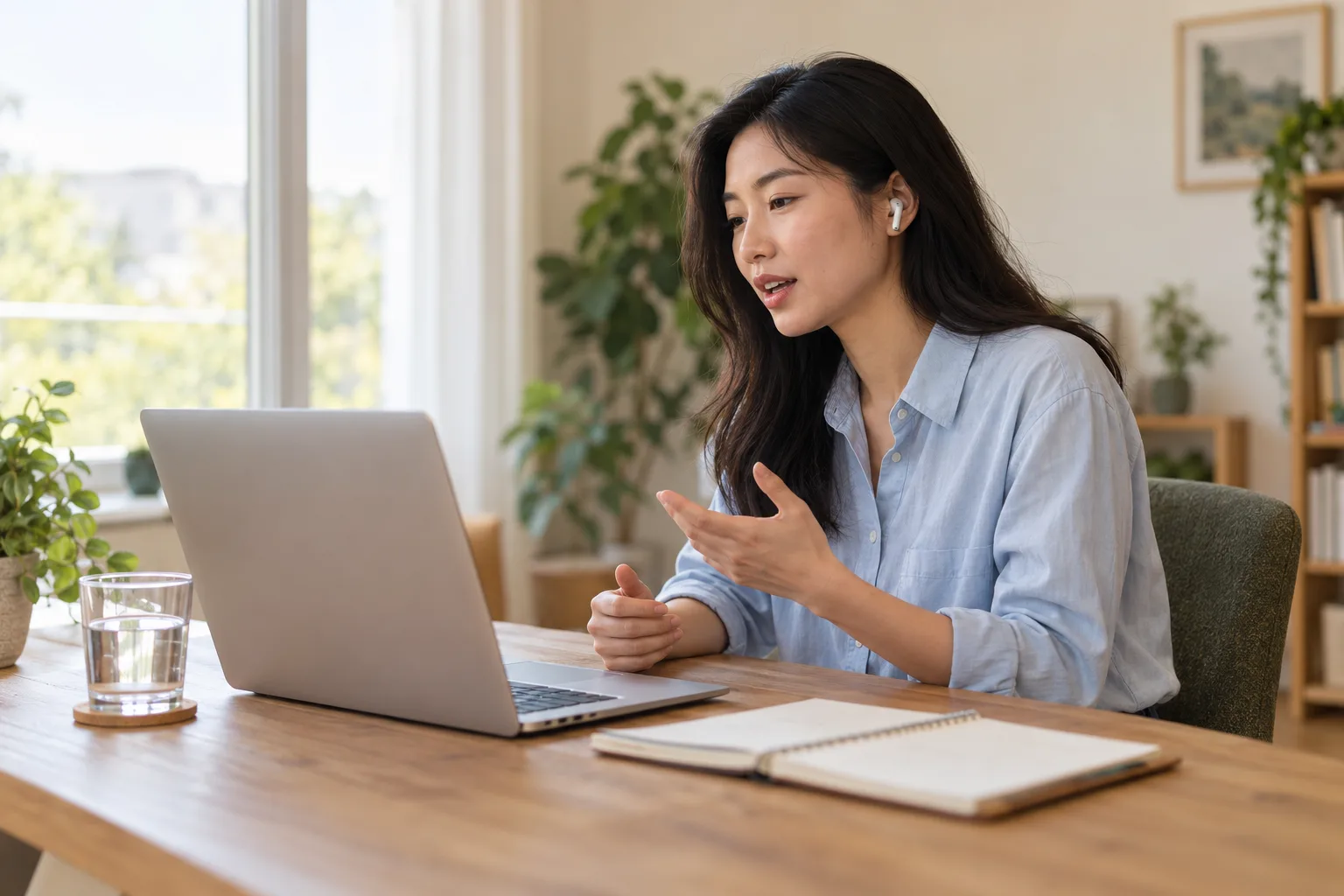An illustrative scene of a candidate practicing a spoken interview at a laptop.
